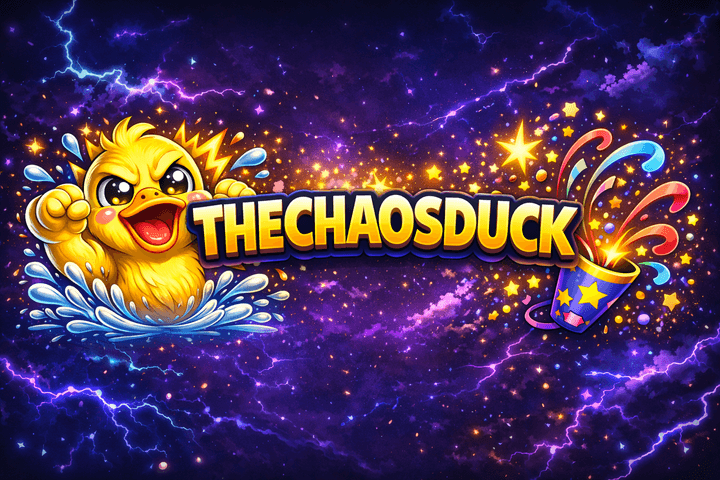TheChaosDuck: a yellow cartoon duck bursting out of a splash next to his name, on a purple lightning sky